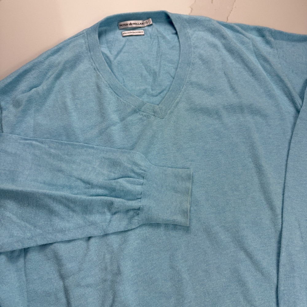 Peter Millar Mens‎ V Neck Sweater Sky Blue Cotton Cashmere Blend Size XXL